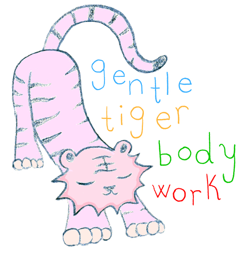 hand drawn image of a tiger stretching his back and paws in the front with the text gentle tiger body work next to it